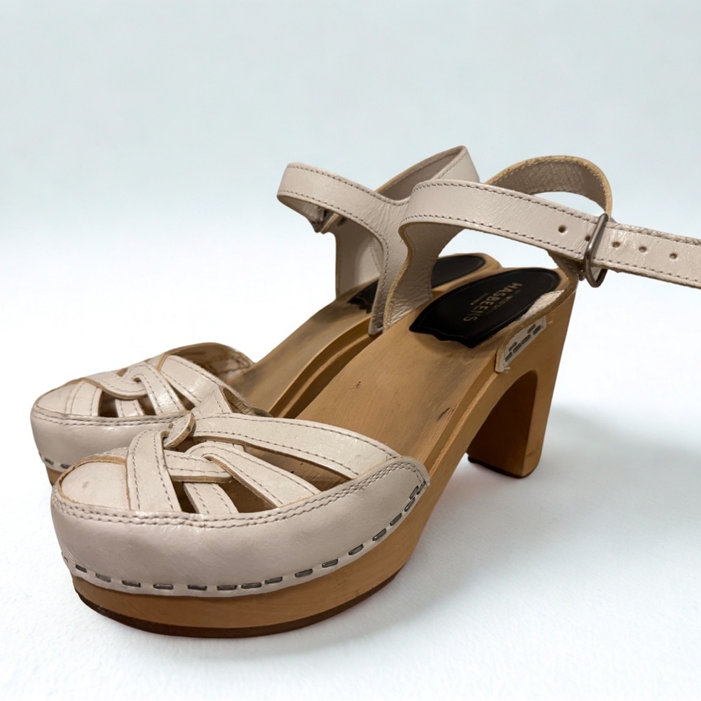 Swedish Hasbeens White Mules with Wooden Platform